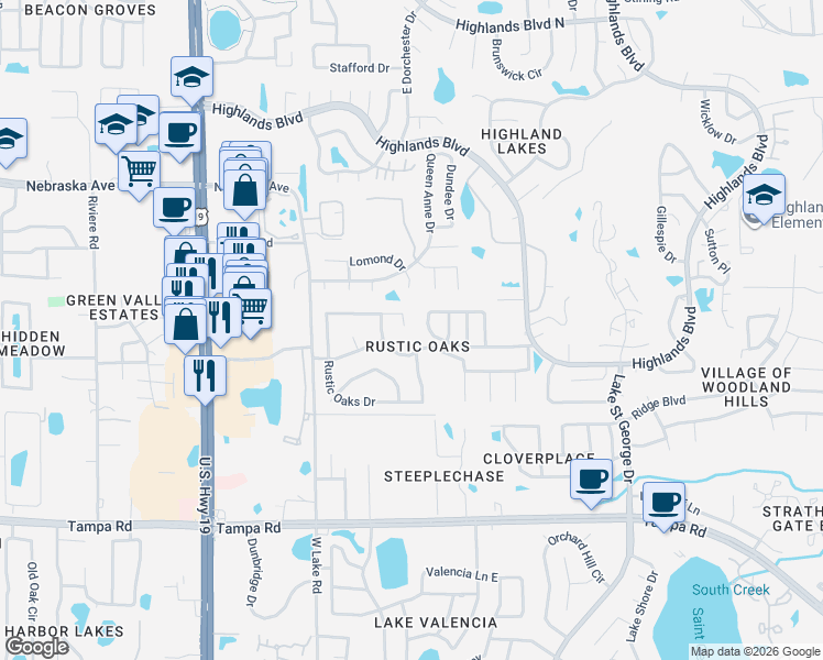 map of restaurants, bars, coffee shops, grocery stores, and more near 2897 Brookwood Lane in Palm Harbor