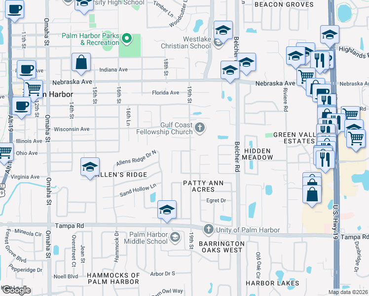 map of restaurants, bars, coffee shops, grocery stores, and more near 1889 Mourning Dove Drive in Palm Harbor