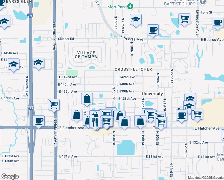map of restaurants, bars, coffee shops, grocery stores, and more near 1450 East 139th Avenue in Tampa