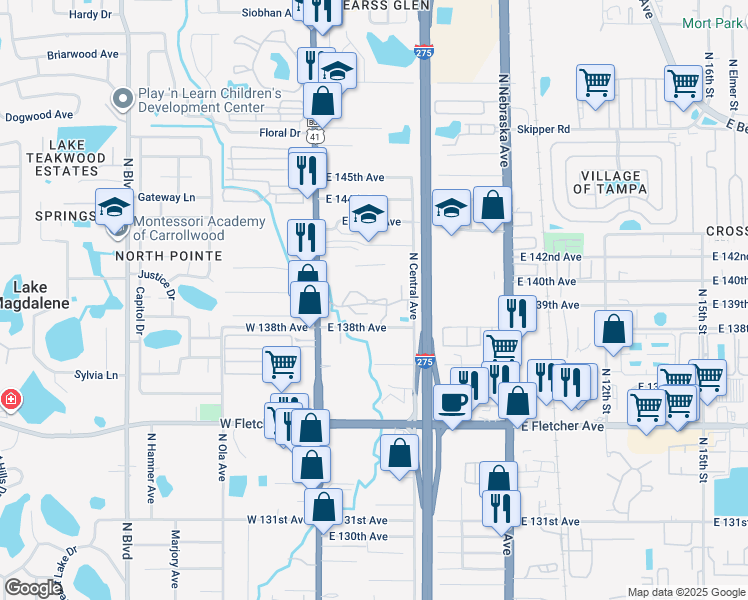 map of restaurants, bars, coffee shops, grocery stores, and more near 13944 Sandy Hill Loop in Tampa