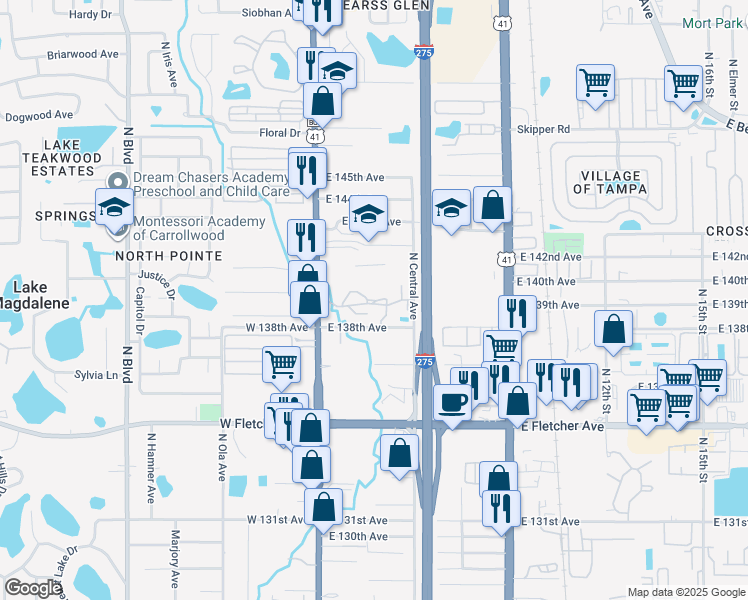 map of restaurants, bars, coffee shops, grocery stores, and more near 332 Celestial Oaks Drive in Tampa