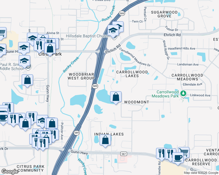 map of restaurants, bars, coffee shops, grocery stores, and more near 14302 Tom Fuller Road in Tampa