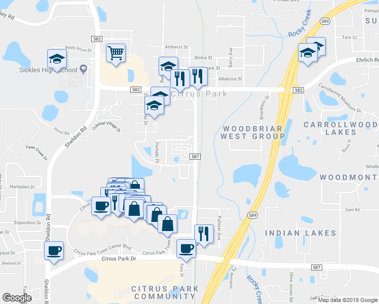 map of restaurants, bars, coffee shops, grocery stores, and more near 7449 Arlington Grove Circle in Tampa