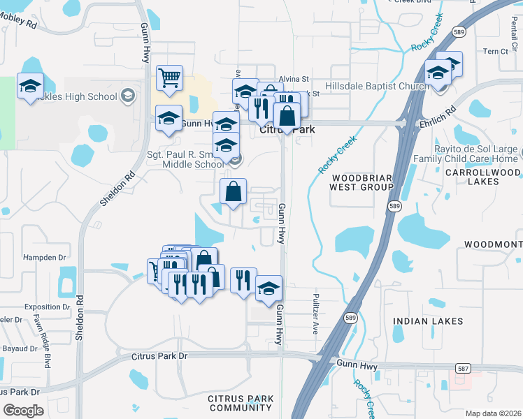 map of restaurants, bars, coffee shops, grocery stores, and more near 14135 Citrus Crest Circle in Tampa