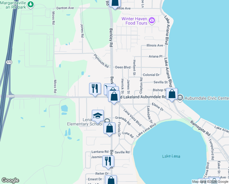 map of restaurants, bars, coffee shops, grocery stores, and more near 1138 Berkley Road in Auburndale