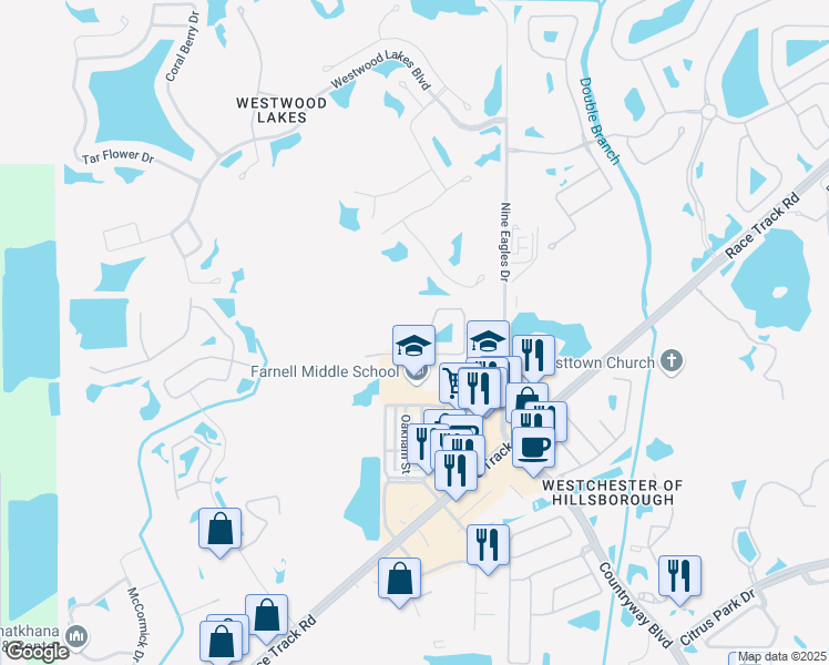 map of restaurants, bars, coffee shops, grocery stores, and more near 14171 Waterville Circle in Tampa