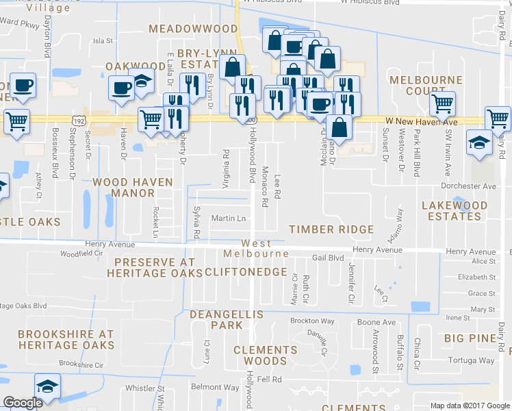 map of restaurants, bars, coffee shops, grocery stores, and more near 202 Hollywood Boulevard in Melbourne