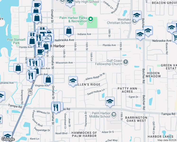 map of restaurants, bars, coffee shops, grocery stores, and more near 646 16th Street in Palm Harbor