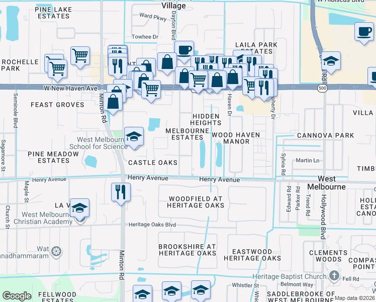 map of restaurants, bars, coffee shops, grocery stores, and more near 280 Bossieux Boulevard in Melbourne
