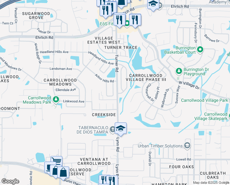 map of restaurants, bars, coffee shops, grocery stores, and more near 14014 Arbor Knoll Circle in Tampa