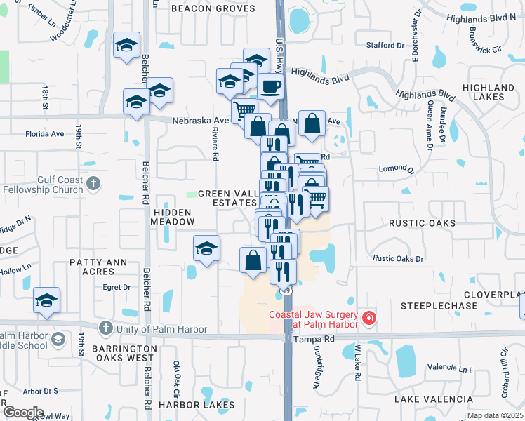 map of restaurants, bars, coffee shops, grocery stores, and more near 33180 US Highway 19 North in Palm Harbor