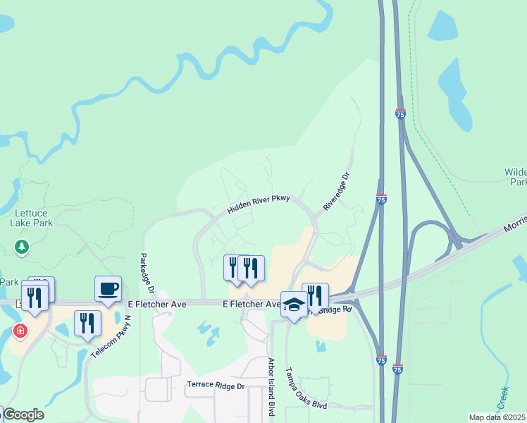 map of restaurants, bars, coffee shops, grocery stores, and more near 8675 Hidden River Parkway in Tampa