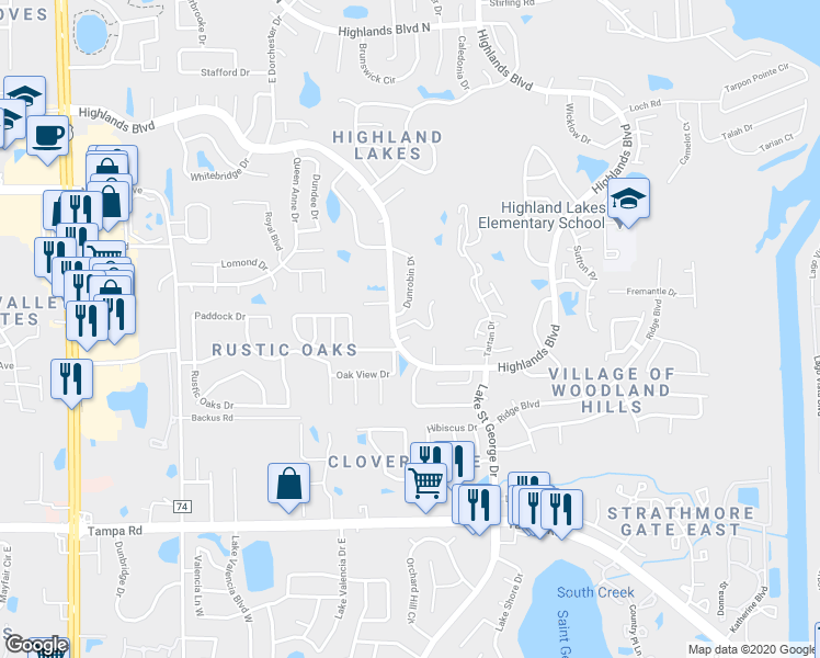 map of restaurants, bars, coffee shops, grocery stores, and more near 880 Glen More Court in Palm Harbor