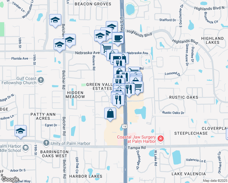 map of restaurants, bars, coffee shops, grocery stores, and more near 33180 US Highway 19 North in Palm Harbor