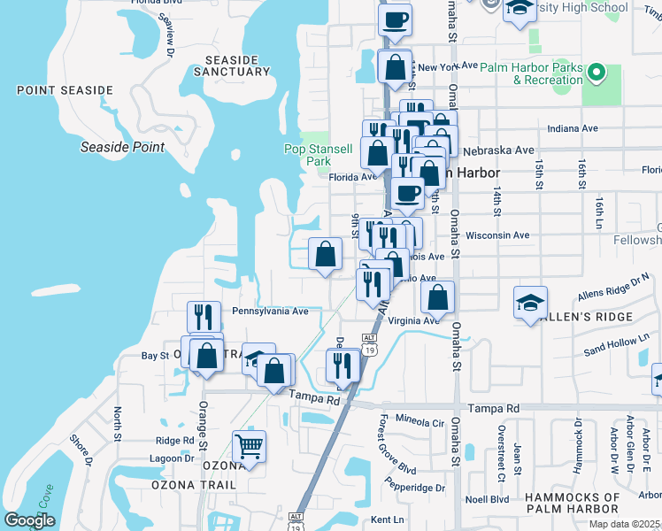 map of restaurants, bars, coffee shops, grocery stores, and more near 660 8th Street in Palm Harbor