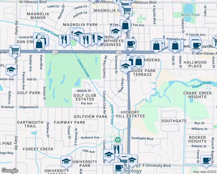 map of restaurants, bars, coffee shops, grocery stores, and more near 2308 Colonial Drive in Melbourne