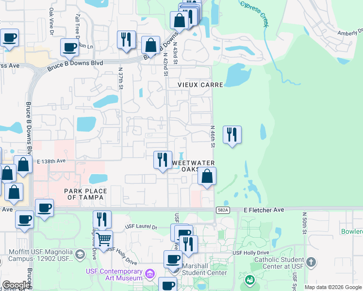 map of restaurants, bars, coffee shops, grocery stores, and more near 4402 Oak Harbor Drive in Tampa