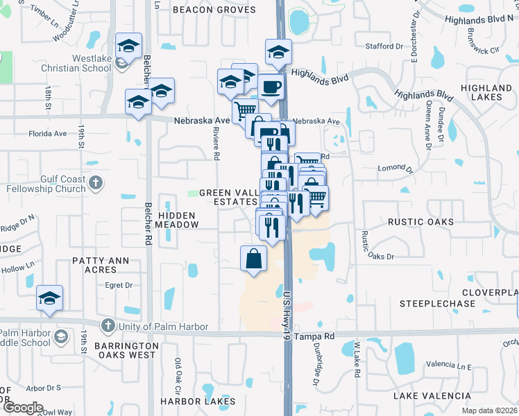 map of restaurants, bars, coffee shops, grocery stores, and more near 2362 Maben Circle in Palm Harbor