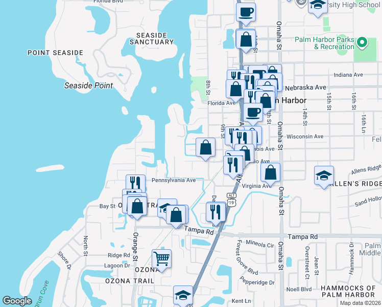 map of restaurants, bars, coffee shops, grocery stores, and more near 720 Natalie Lane in Palm Harbor