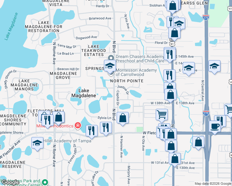 map of restaurants, bars, coffee shops, grocery stores, and more near 13918 Capitol Drive in Tampa