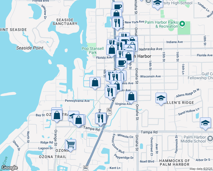 map of restaurants, bars, coffee shops, grocery stores, and more near 904 Illinois Avenue in Palm Harbor