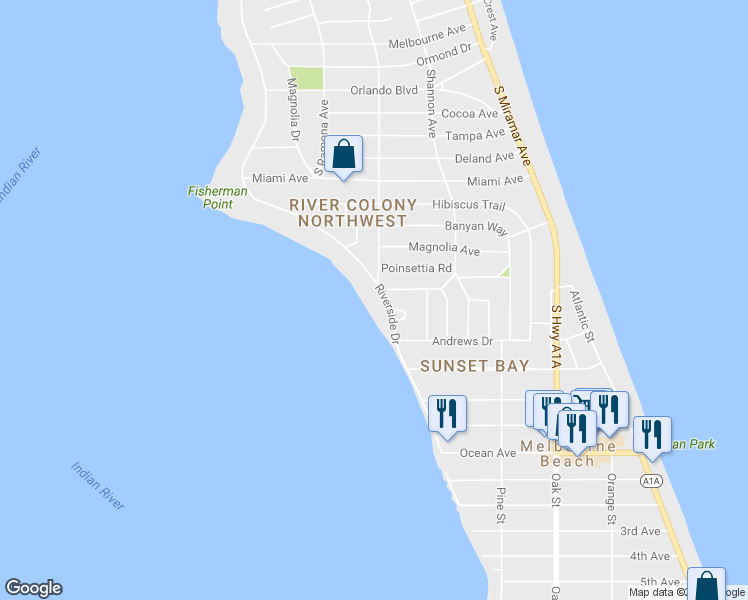 map of restaurants, bars, coffee shops, grocery stores, and more near 410 Riverside Drive in Melbourne Beach