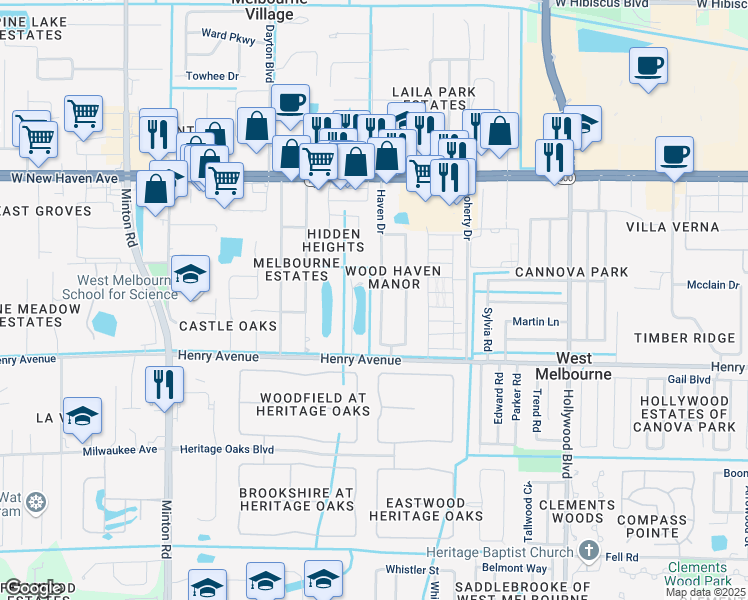 map of restaurants, bars, coffee shops, grocery stores, and more near 231 Naylor Drive in Melbourne