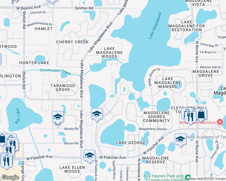 map of restaurants, bars, coffee shops, grocery stores, and more near 13709 Juniper Blossom Drive in Lake Magdalene