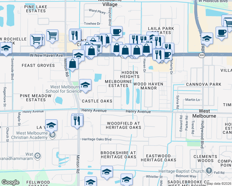 map of restaurants, bars, coffee shops, grocery stores, and more near 280 Bossieux Boulevard in Melbourne