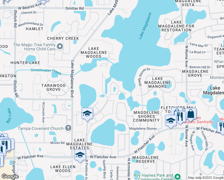 map of restaurants, bars, coffee shops, grocery stores, and more near 13832 Orange Sunset Drive in Tampa