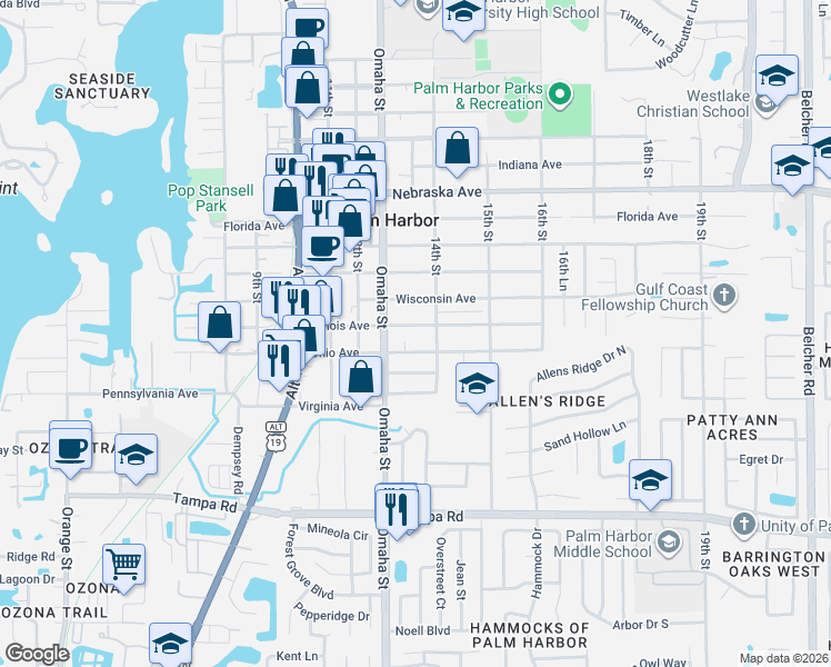 map of restaurants, bars, coffee shops, grocery stores, and more near 1335 Ohio Avenue in Palm Harbor