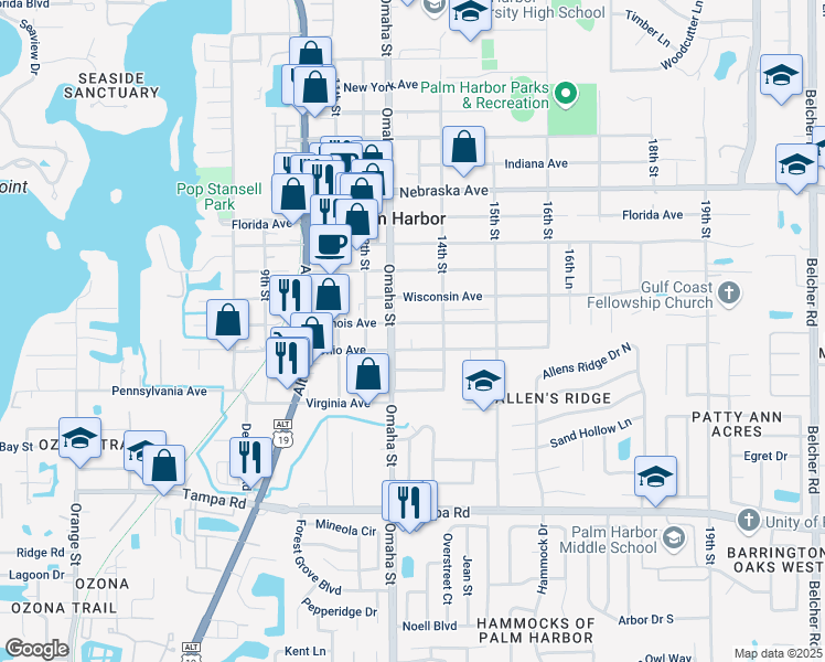 map of restaurants, bars, coffee shops, grocery stores, and more near 1335 Ohio Avenue in Palm Harbor