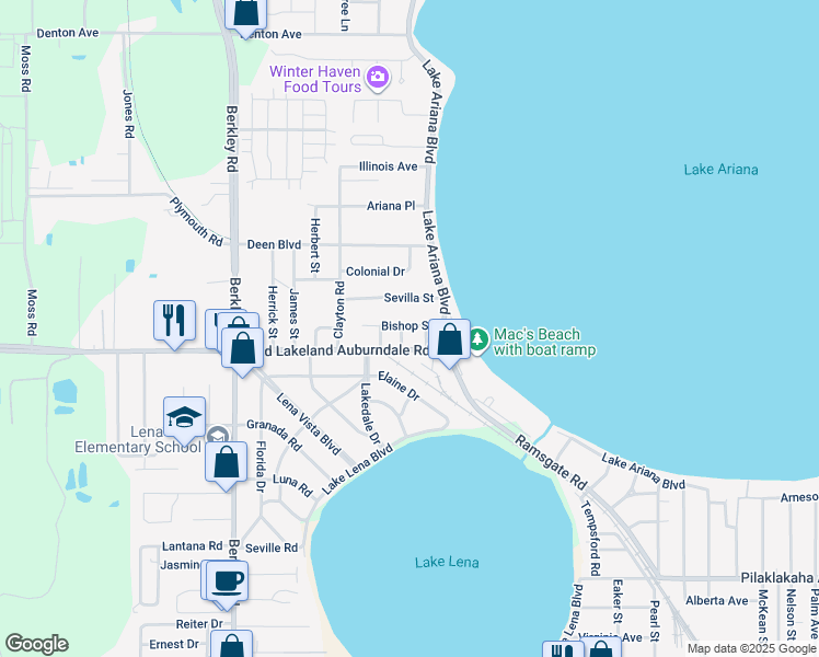 map of restaurants, bars, coffee shops, grocery stores, and more near 108 Earl Street in Auburndale