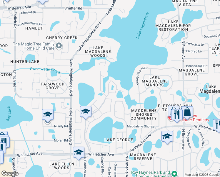 map of restaurants, bars, coffee shops, grocery stores, and more near 13832 Orange Sunset Drive in Tampa