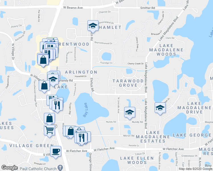 map of restaurants, bars, coffee shops, grocery stores, and more near 13606 Westshire Drive in Tampa