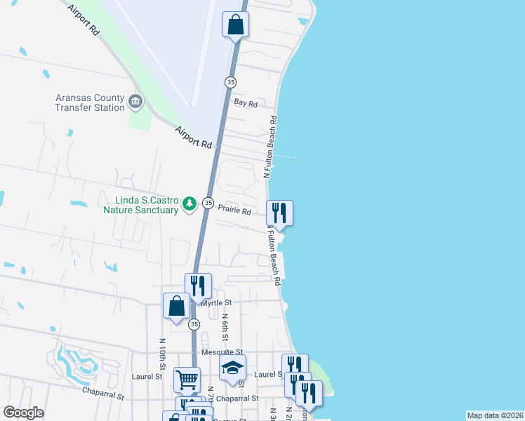 map of restaurants, bars, coffee shops, grocery stores, and more near 4021 Texas 35 in Rockport