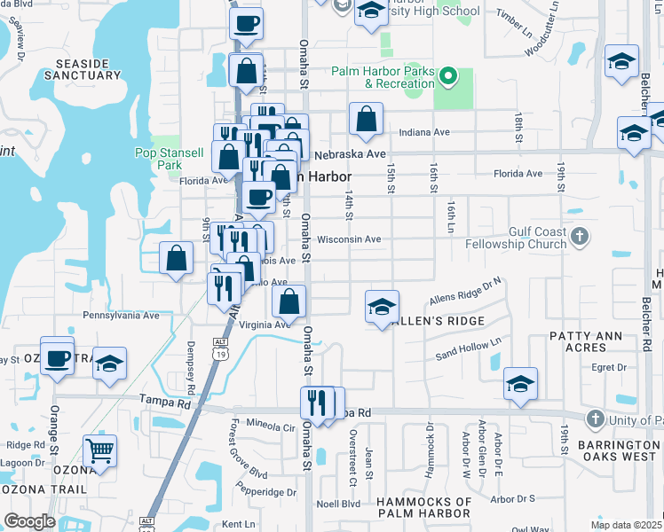 map of restaurants, bars, coffee shops, grocery stores, and more near 1335 Ohio Avenue in Palm Harbor