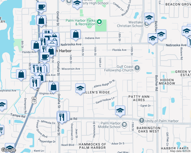 map of restaurants, bars, coffee shops, grocery stores, and more near 669 16th Street in Palm Harbor