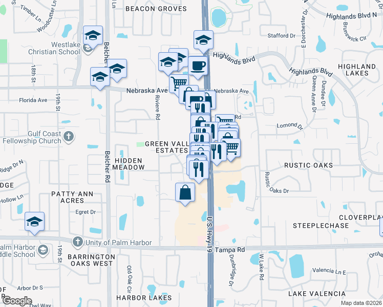 map of restaurants, bars, coffee shops, grocery stores, and more near 2367 Maben Circle in Palm Harbor