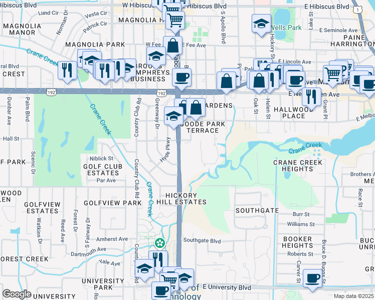 map of restaurants, bars, coffee shops, grocery stores, and more near 2309 South Babcock Street in Melbourne