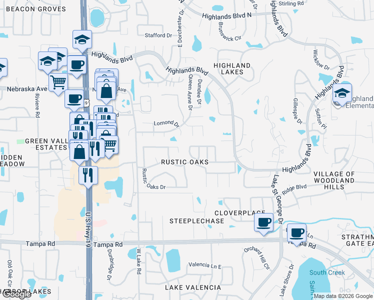 map of restaurants, bars, coffee shops, grocery stores, and more near 2897 Brookwood Lane in Palm Harbor