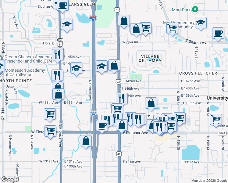 map of restaurants, bars, coffee shops, grocery stores, and more near 13910 North Nebraska Avenue in Tampa