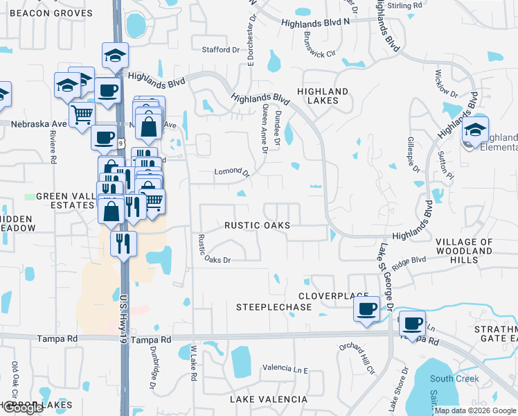 map of restaurants, bars, coffee shops, grocery stores, and more near 2897 Brookwood Lane in Palm Harbor