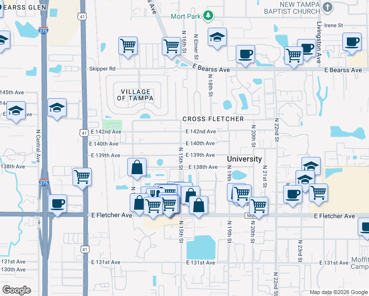 map of restaurants, bars, coffee shops, grocery stores, and more near 13907 North 15th Street in Tampa