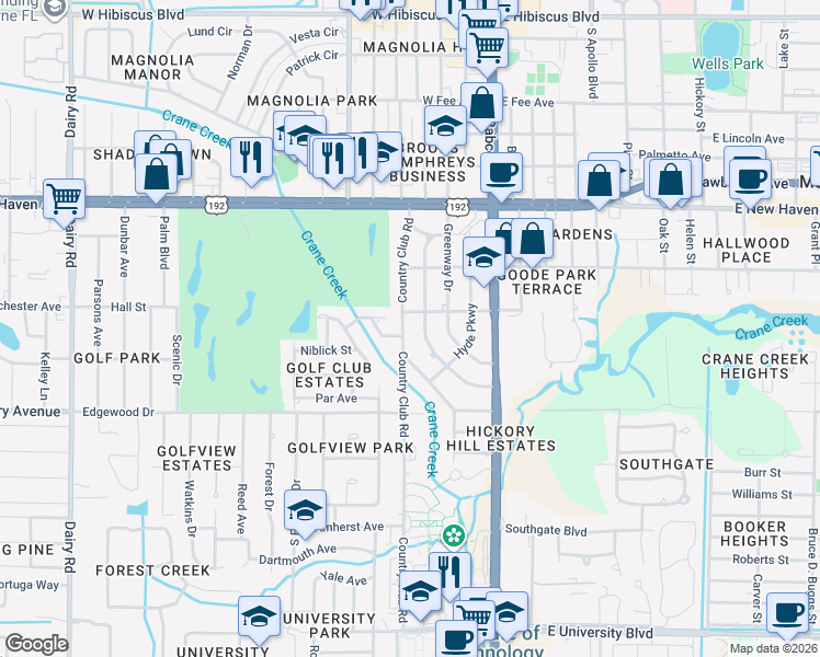 map of restaurants, bars, coffee shops, grocery stores, and more near 2312 Country Club Road in Melbourne