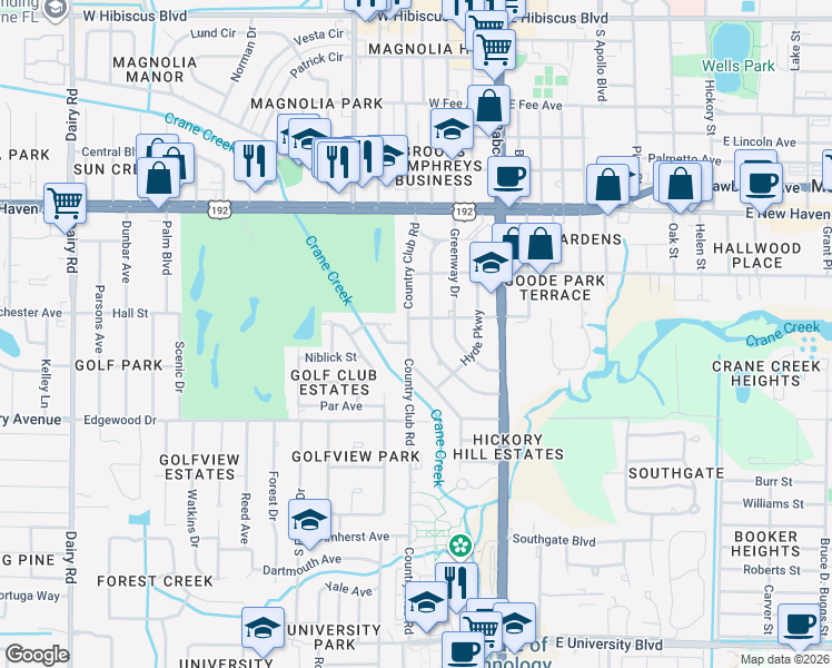 map of restaurants, bars, coffee shops, grocery stores, and more near 2312 Country Club Road in Melbourne