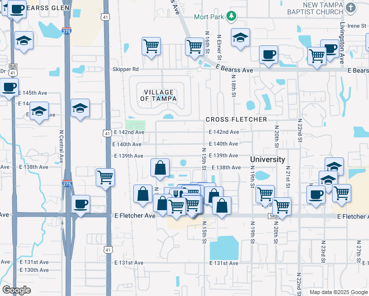 map of restaurants, bars, coffee shops, grocery stores, and more near 1402 East 139th Avenue in Tampa