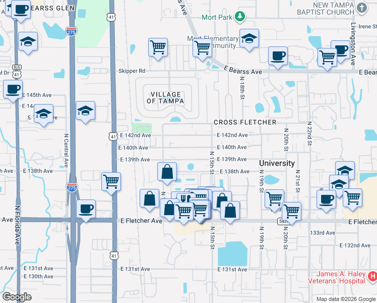map of restaurants, bars, coffee shops, grocery stores, and more near 1402 East 139th Avenue in Tampa