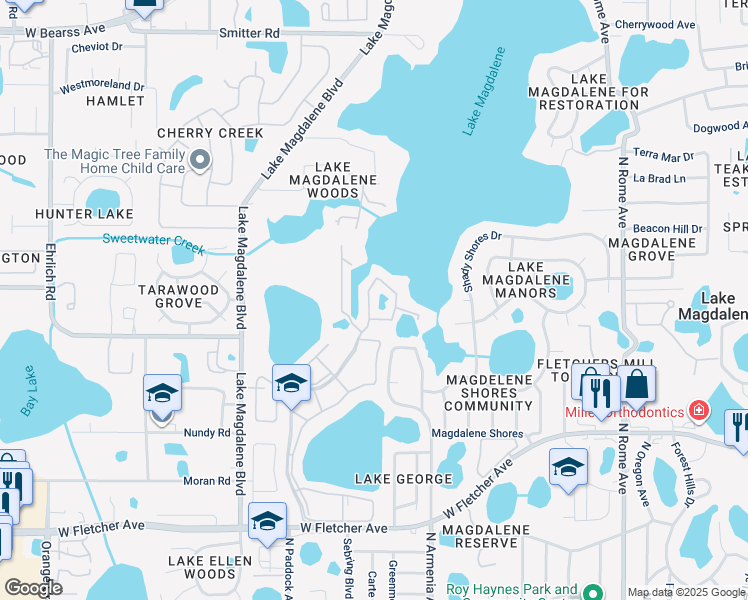 map of restaurants, bars, coffee shops, grocery stores, and more near 13832 Orange Sunset Drive in Tampa