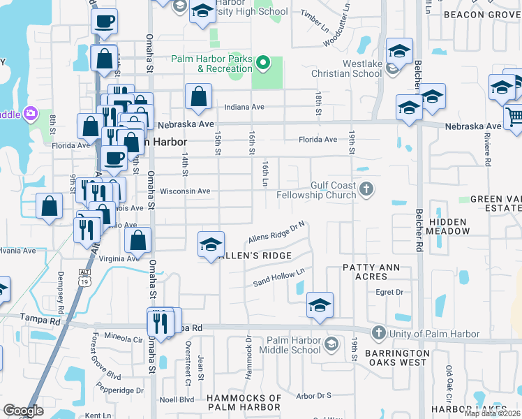 map of restaurants, bars, coffee shops, grocery stores, and more near 669 16th Lane in Palm Harbor